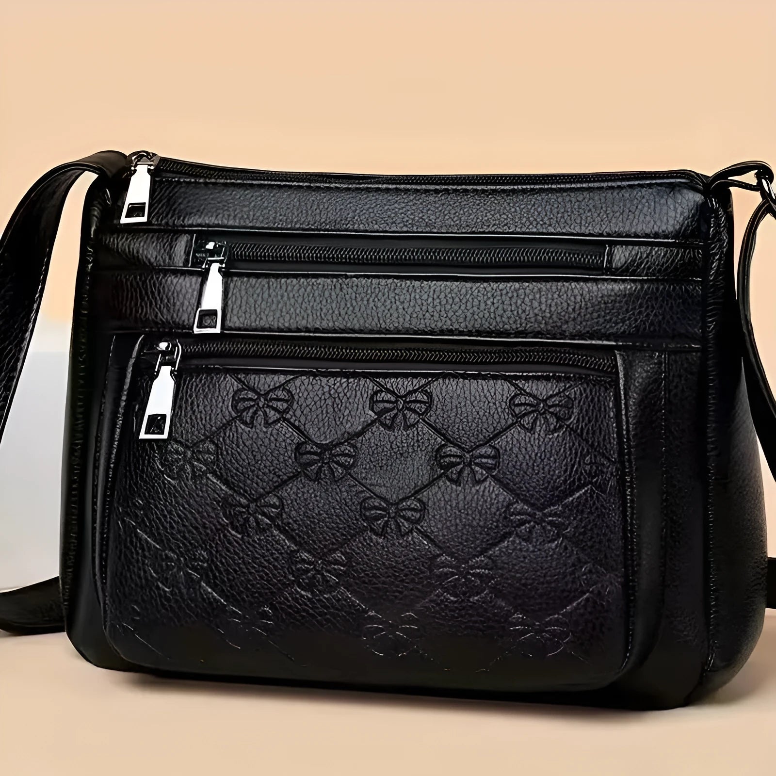 Butterfly Black women's crossbody messenger bag with embossed PU leather and slit pocket