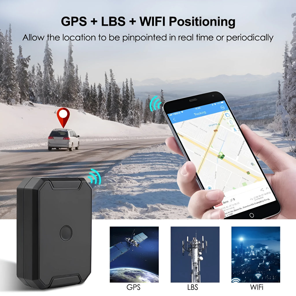 Black GPS car locator with 6000mAh battery and IP65 waterproof rating