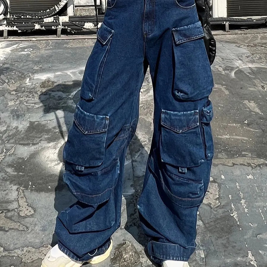 Dark blue distressed women's wide-leg jeans with a high waist and multiple pockets.