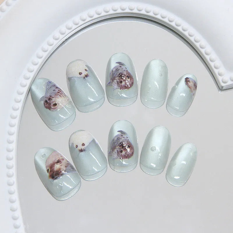 Cat eye summer ocean detachable false nails in short oval shape with glue
