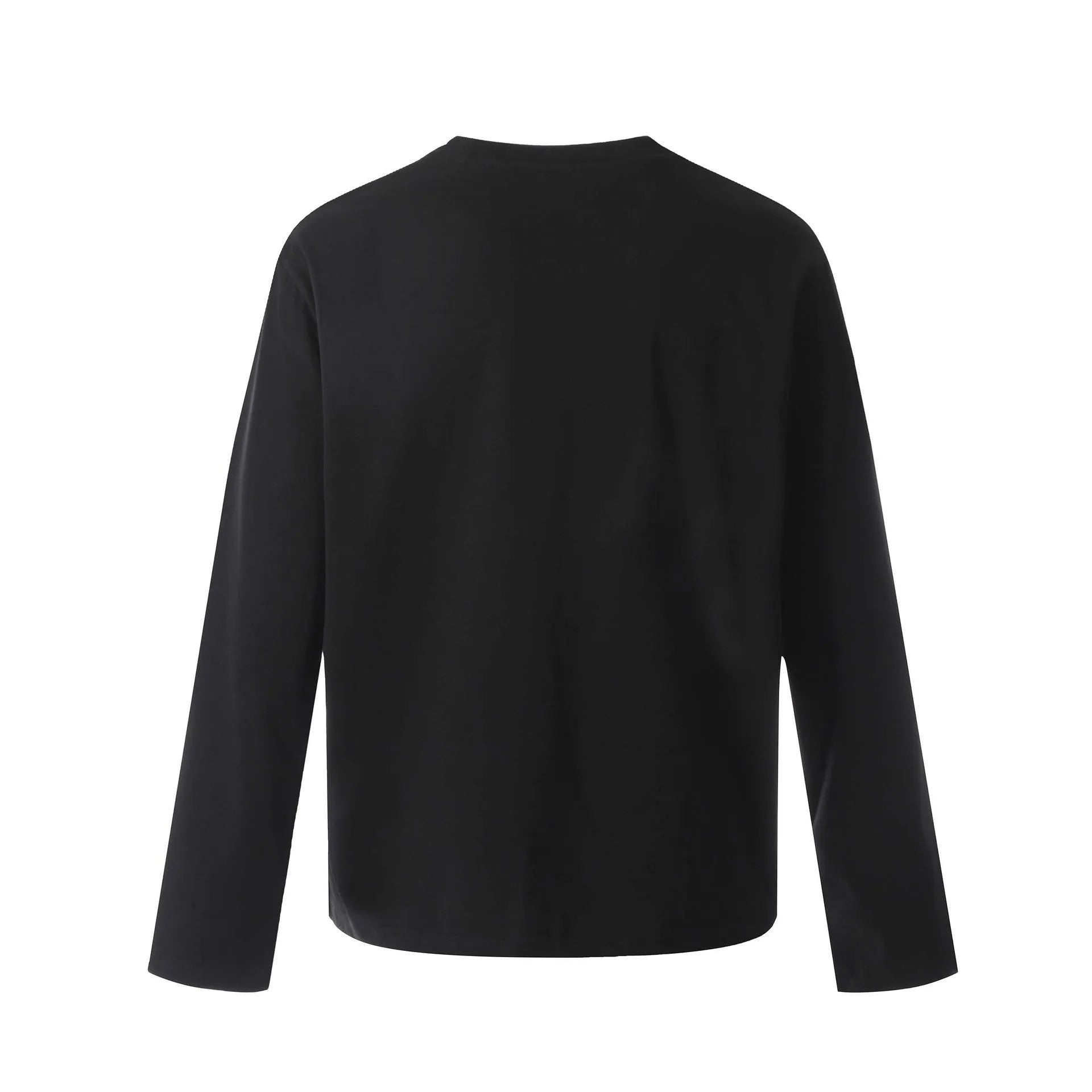 Man modelling a simple black loose-fit long sleeve cotton pullover shirt.
