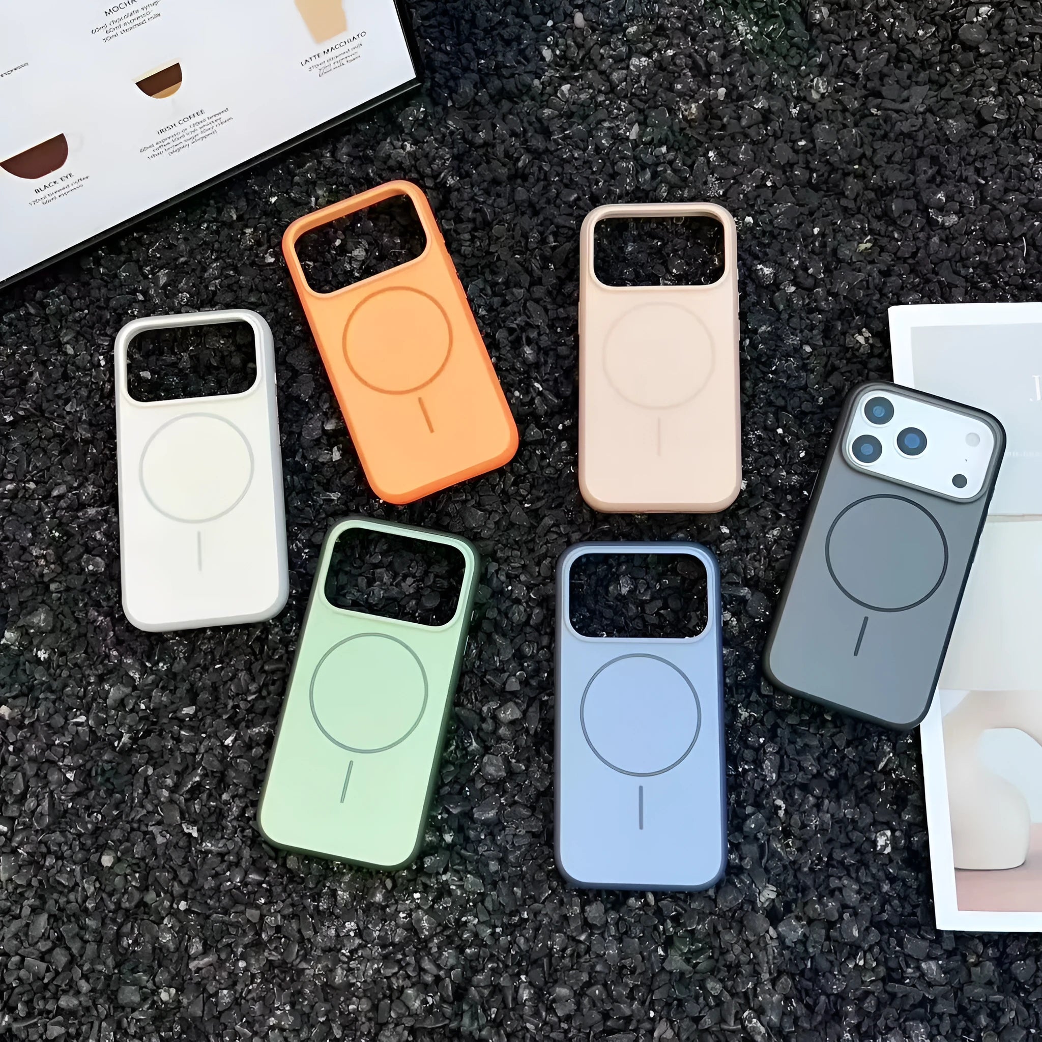 Magnetic iPhone case with AI photography button in frosted protective shell showing contrast colour design
