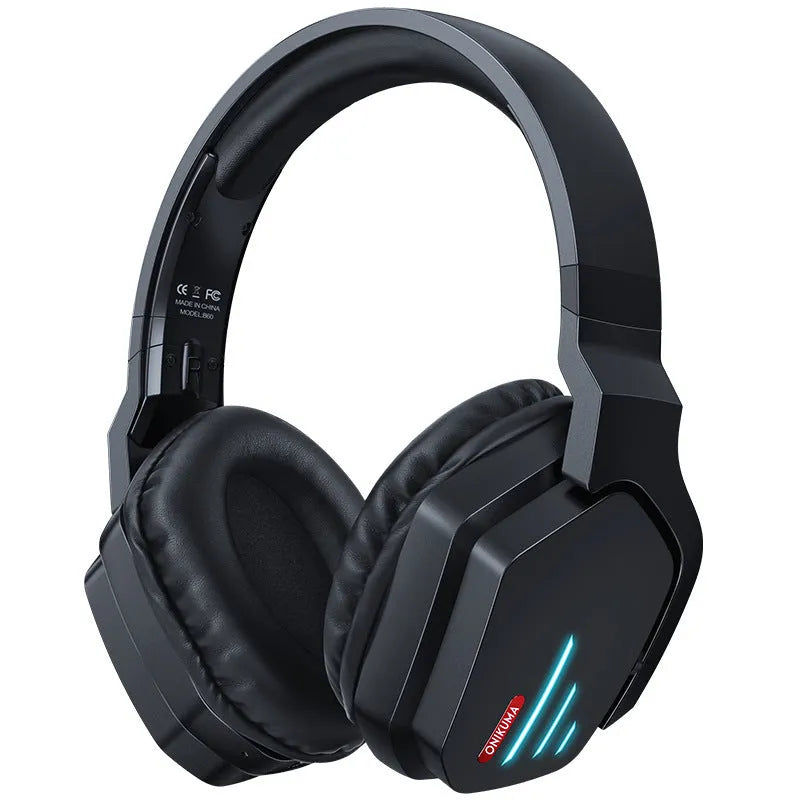 Luminous black wireless over-ear gaming headphones with adjustable headband showing ear cups and included 3.5mm cable