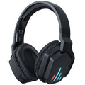 Luminous black wireless over-ear gaming headphones with adjustable headband showing ear cups and included 3.5mm cable