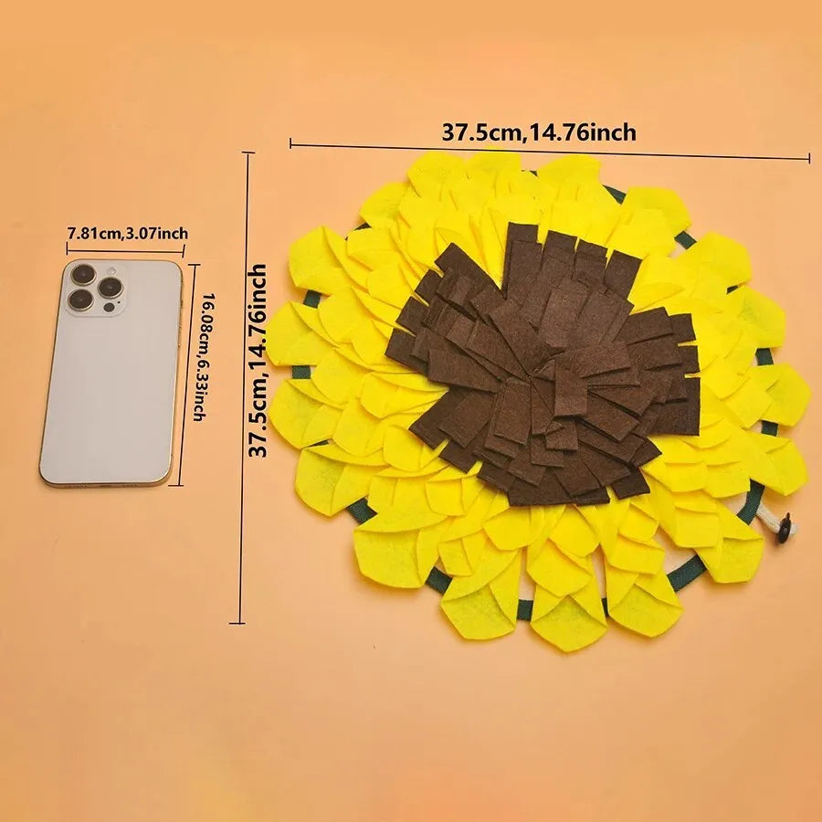 Yellow sunflower snuffle mat for dog nosework training with rope attachment