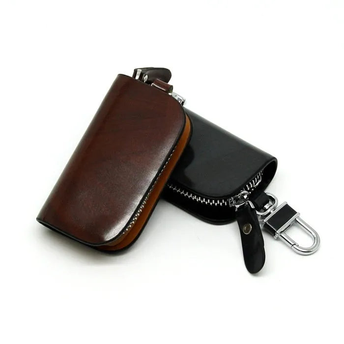 Genuine leather car key case in black or brown with frosted finish