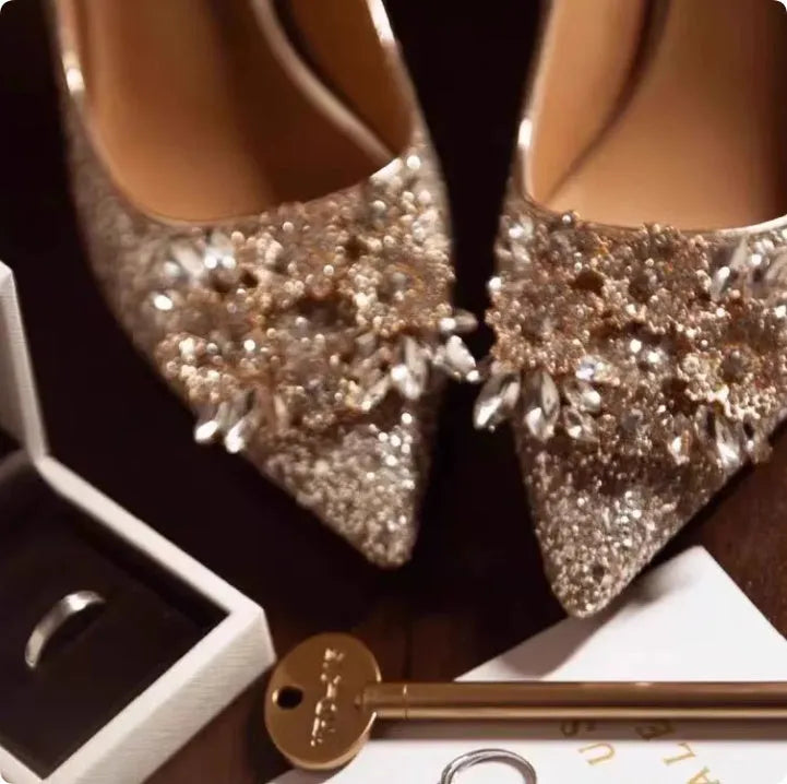 Xiuhe champagne wedding shoes with crystal rhinestones and pointed toe