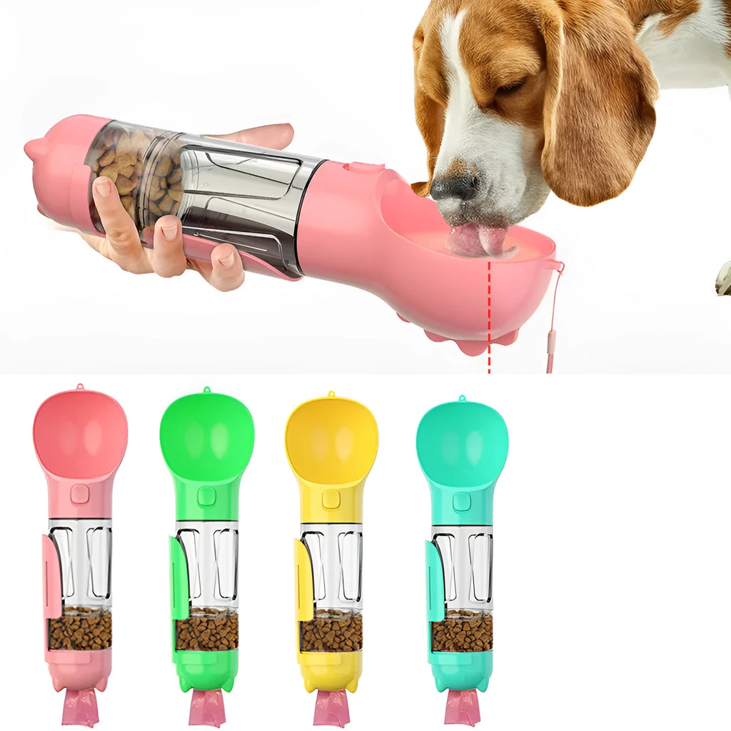 Portable 3-in-1 dog water bottle with leak-proof design, poop bag dispenser, and treat holder in aquamarine colour