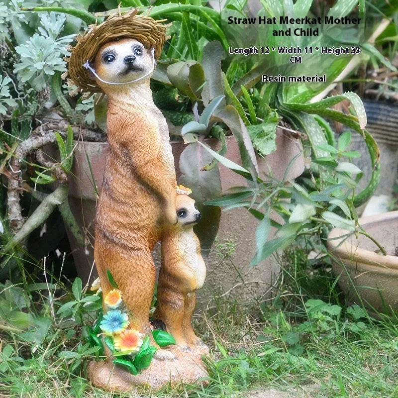 Straw hat mongoose resin garden ornaments with gardening tools in yellow brown colours