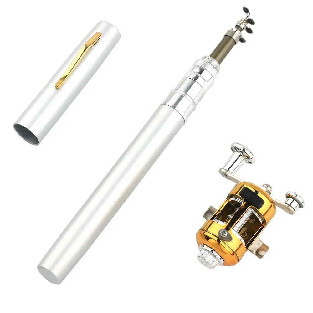 Telescopic pocket fishing rod kit shown collapsed in aluminium case and extended to 1m with ST5RL reel attached.