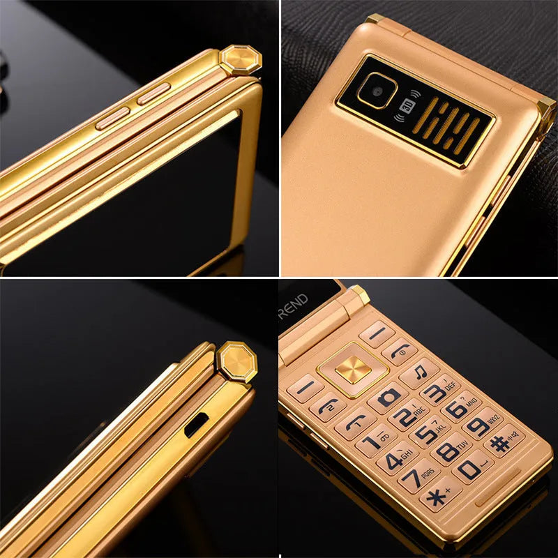 A15 dual screen flip elderly phone in black showing internal touch screen and external display