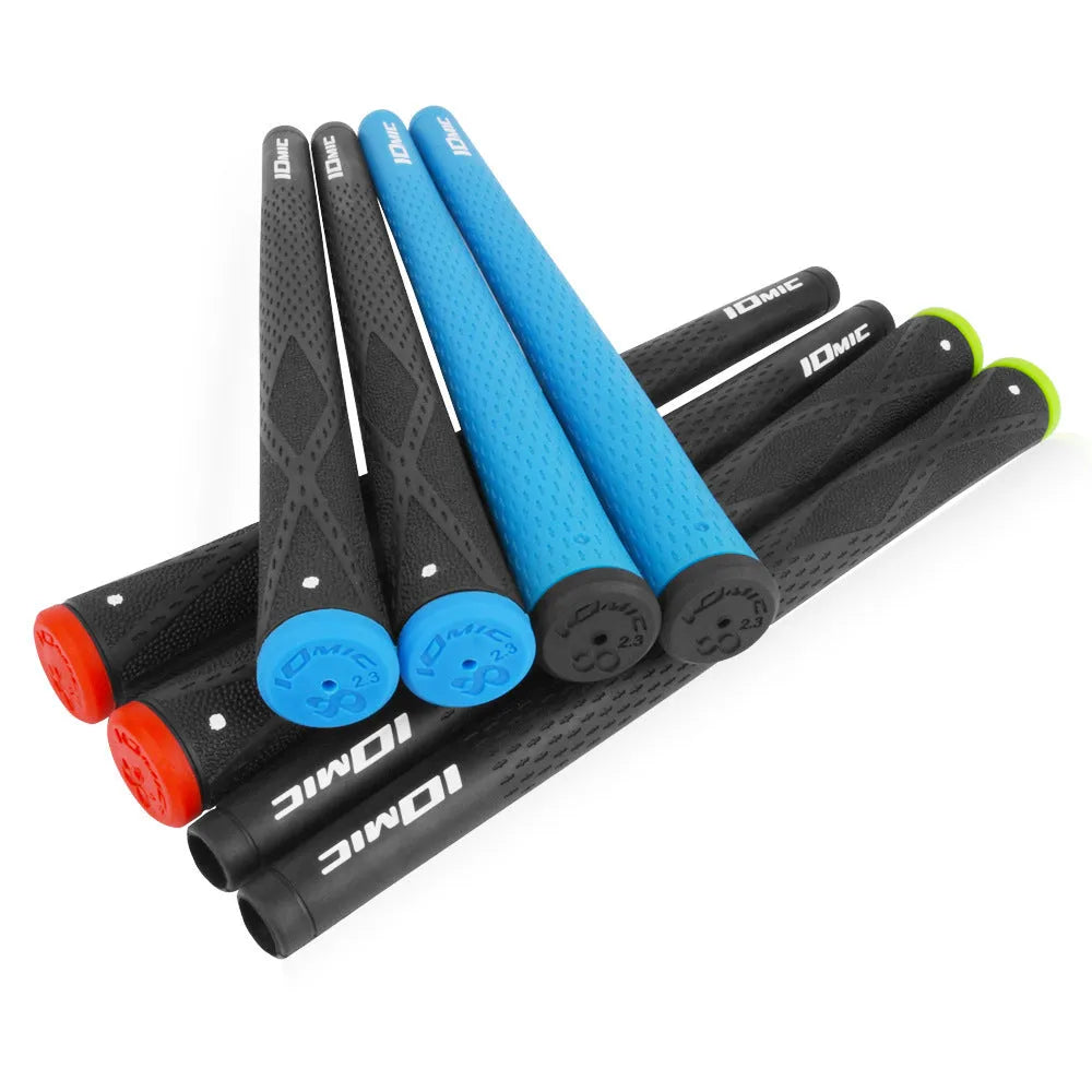 TPE material golf club grip shown in pink, red, dark blue, light blue, white, and black with coloured head options.