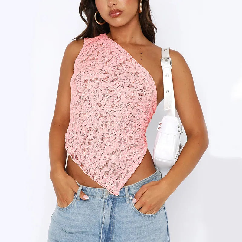 Backless lace sleeveless vest top with asymmetrical neckline in solid colour options