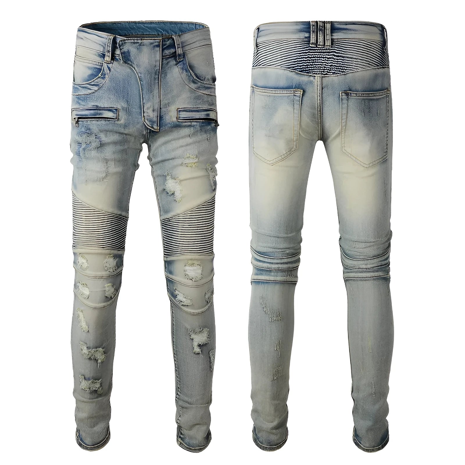 Light blue distressed slim stretch men's jeans with hand-frayed detailing and straight leg cut