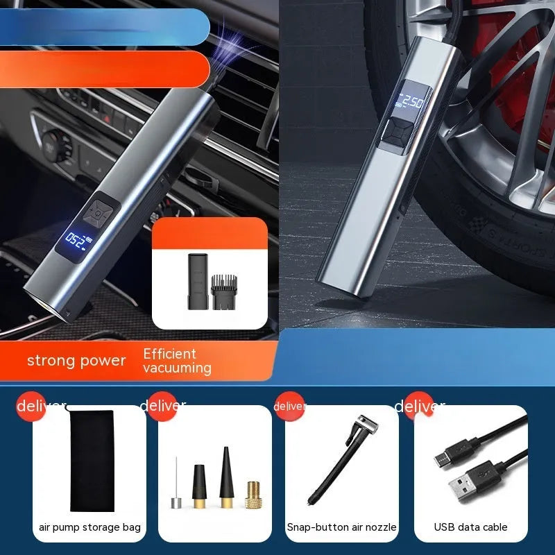 Wireless digital display car air pump with vacuum cleaner function and LED light