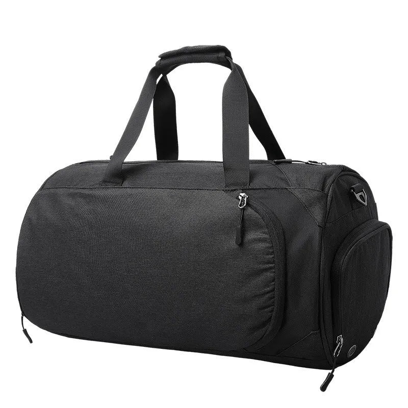 Light grey oval men's travel bag with internal compartments showing wet/dry separation and camera insert pocket.