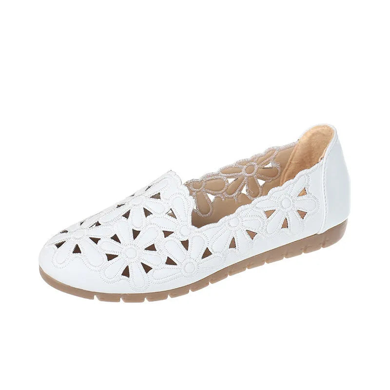 Beige soft bottom hollow breathable casual flat shoes for women with low heel and rubber sole