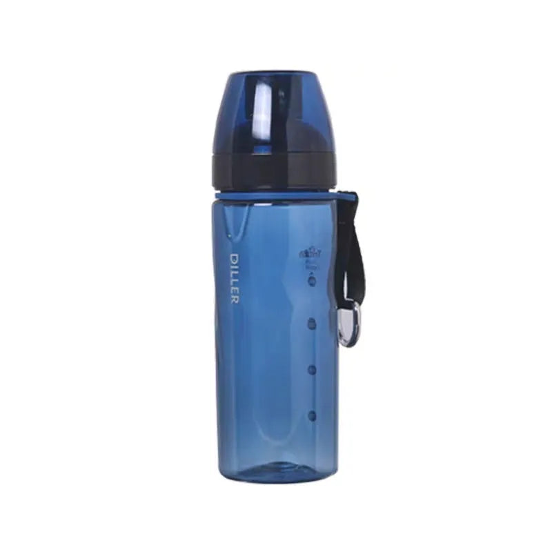 Chinese style portable sports water cup with separate tea compartment, shown in blue, red, black, and grey colour options.