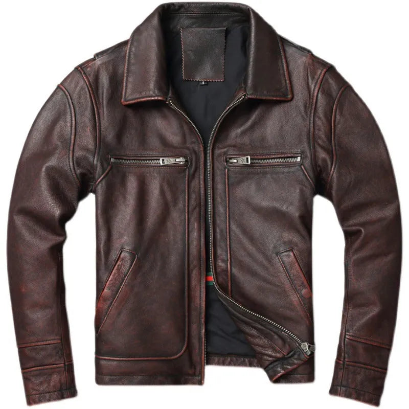 Men's short motorcycle coat in reddish brown genuine cowhide leather with stonewashed distressed finish