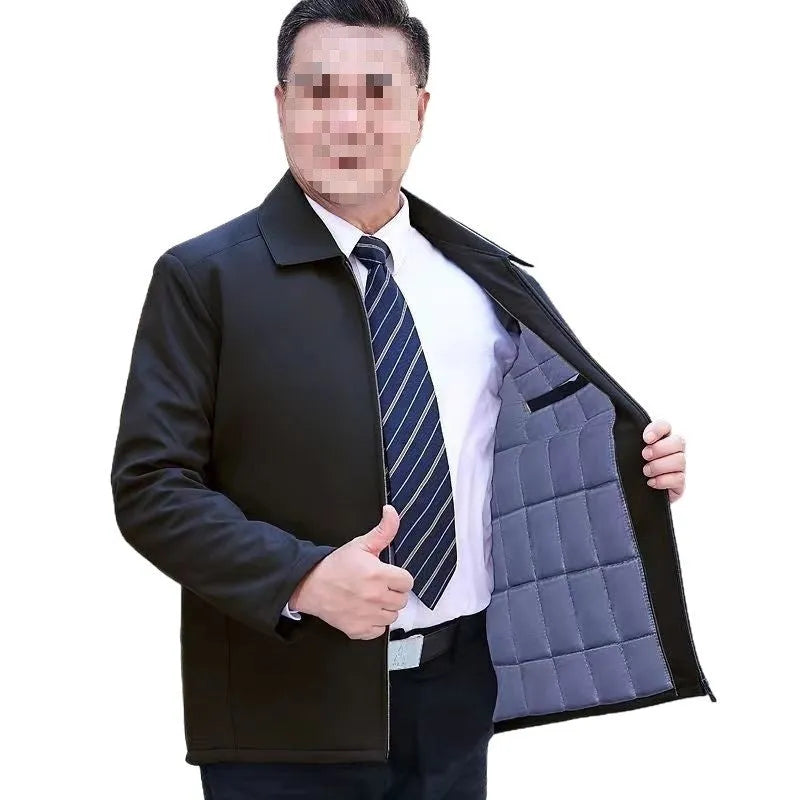 Men's padded thick nylon cotton coat in blue with zipper and button closure, Asian size 170-190