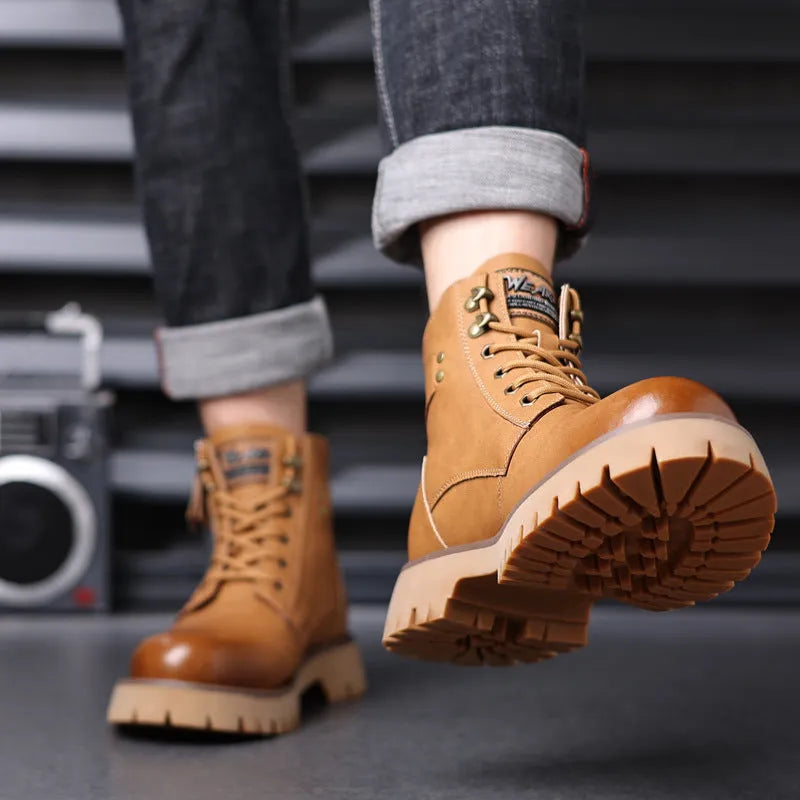 Men's brown leather high-top Martin boots with a side zipper and round toe.