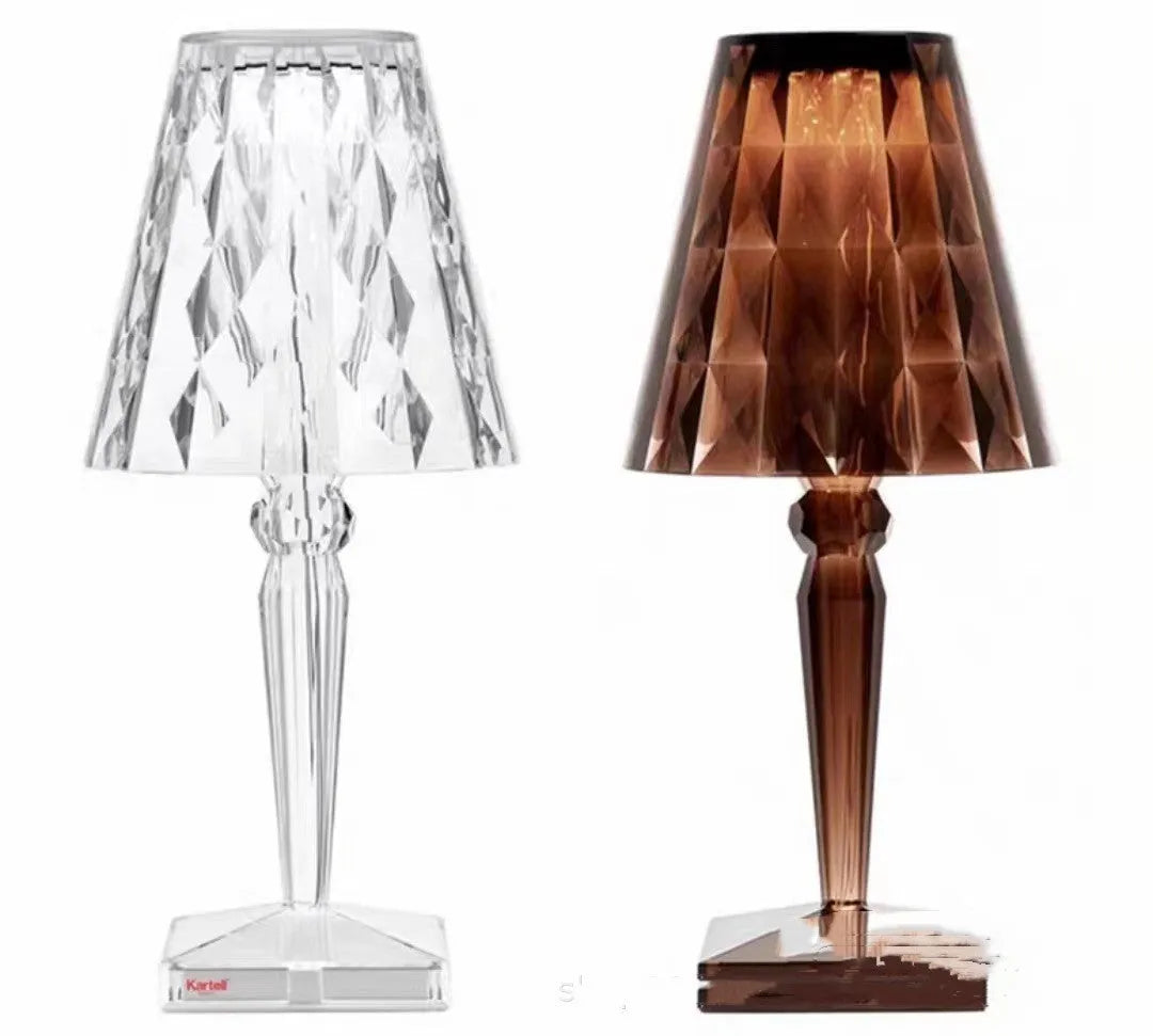 Rose gold plated portable touch control night light on a surface, showing its cubic base and height.
