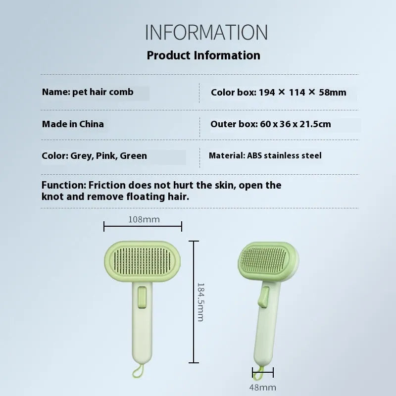 Large pet grooming comb with one-click button in light green, pink, or light grey colour options