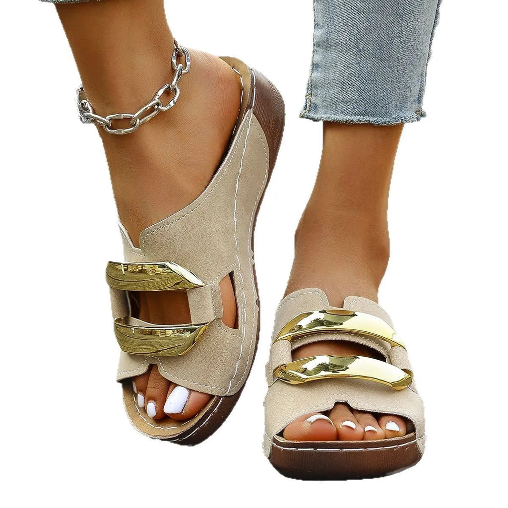 Women's Roman style platform flip-flops in solid colours: white, black, khaki, and sea blue.