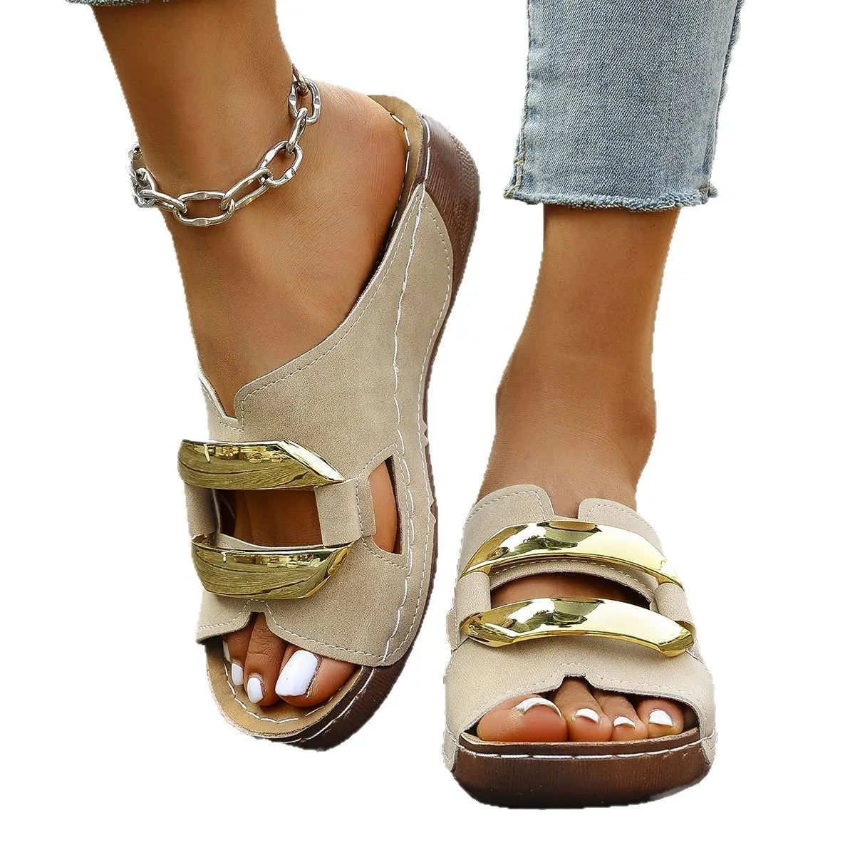 Women's Roman style platform flip-flops in solid colours: white, black, khaki, and sea blue.