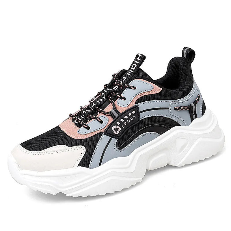 Women's white mesh casual sports shoes with a thick sole and a front buckle strap.