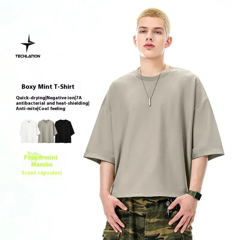 Men's loose fit cotton blend short sleeve t-shirt in black or sand grey colour