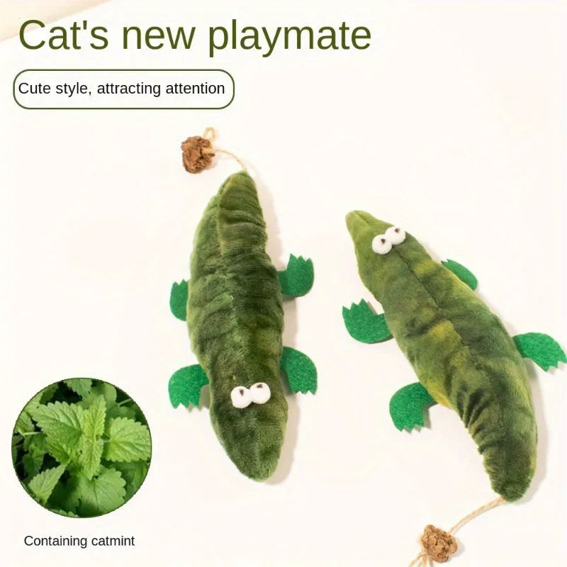 Green plush alligator cat toy with catnip and peppermint scent, shown at 30 cm scale.