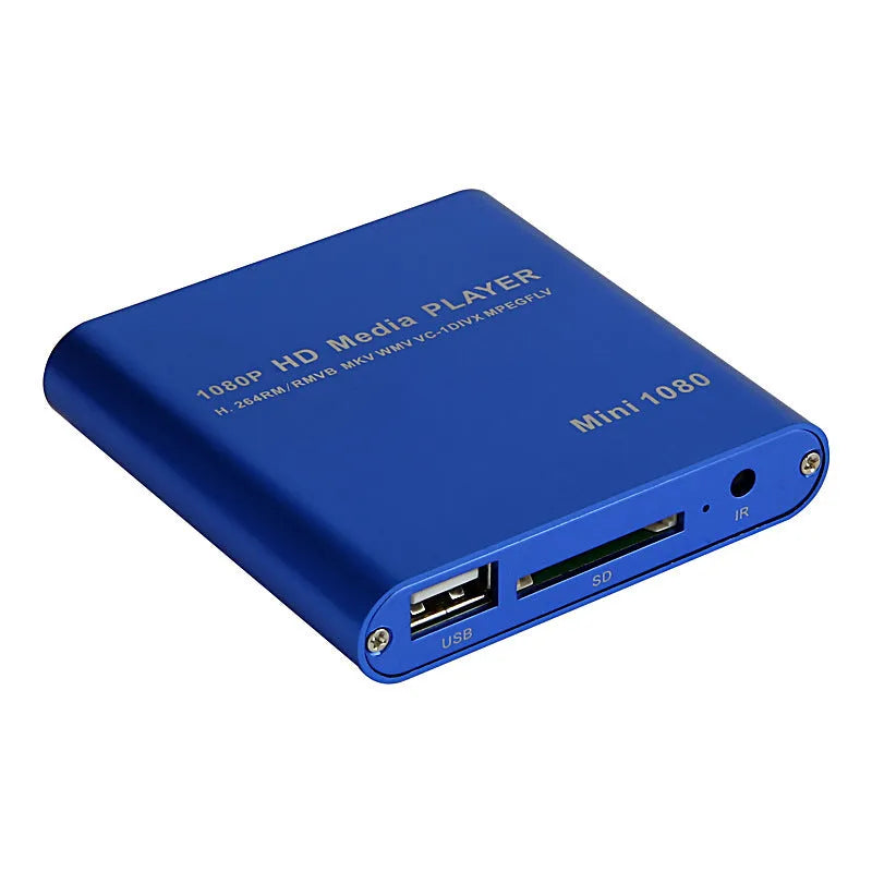 Blue and black 1080P Full HD media player with compact metal housing