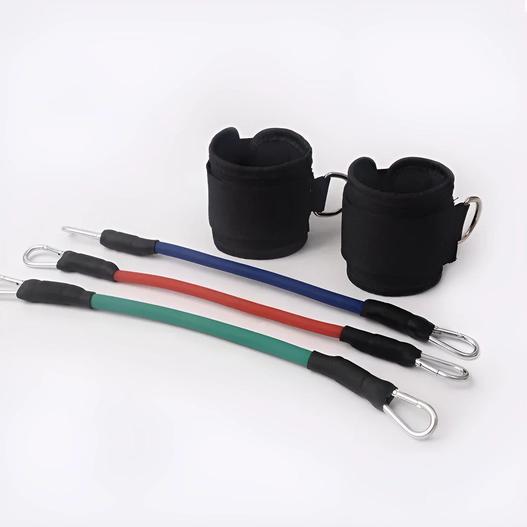 Black taekwondo training pull rope set with elastic resistance bands for leg conditioning