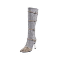 Women's grey knee-high high-heel boots with a thin 9cm heel and a 33cm shaft.