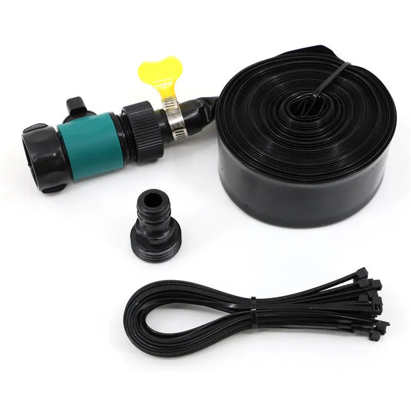 Blue portable PVC garden sprinkler with solar panel on green grass.