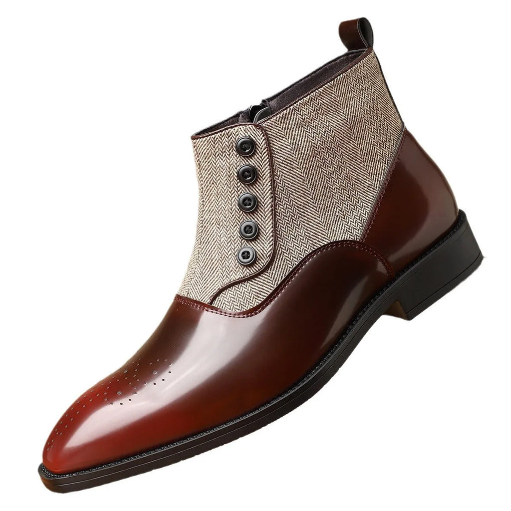 Men's brown retro formal shoes with side zipper and square toe on a rubber sole.