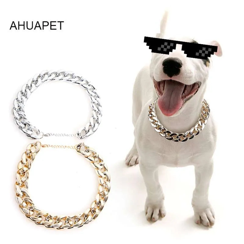 Adjustable metallic chain dog collar necklace for small medium dogs in gold, rose gold, or white.