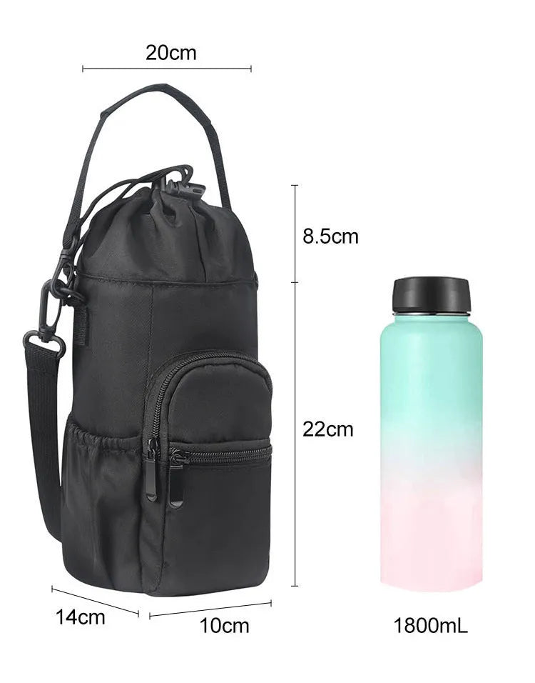 Cloth water bottle pouch with crossbody shoulder strap in black, green, and pink colour options.