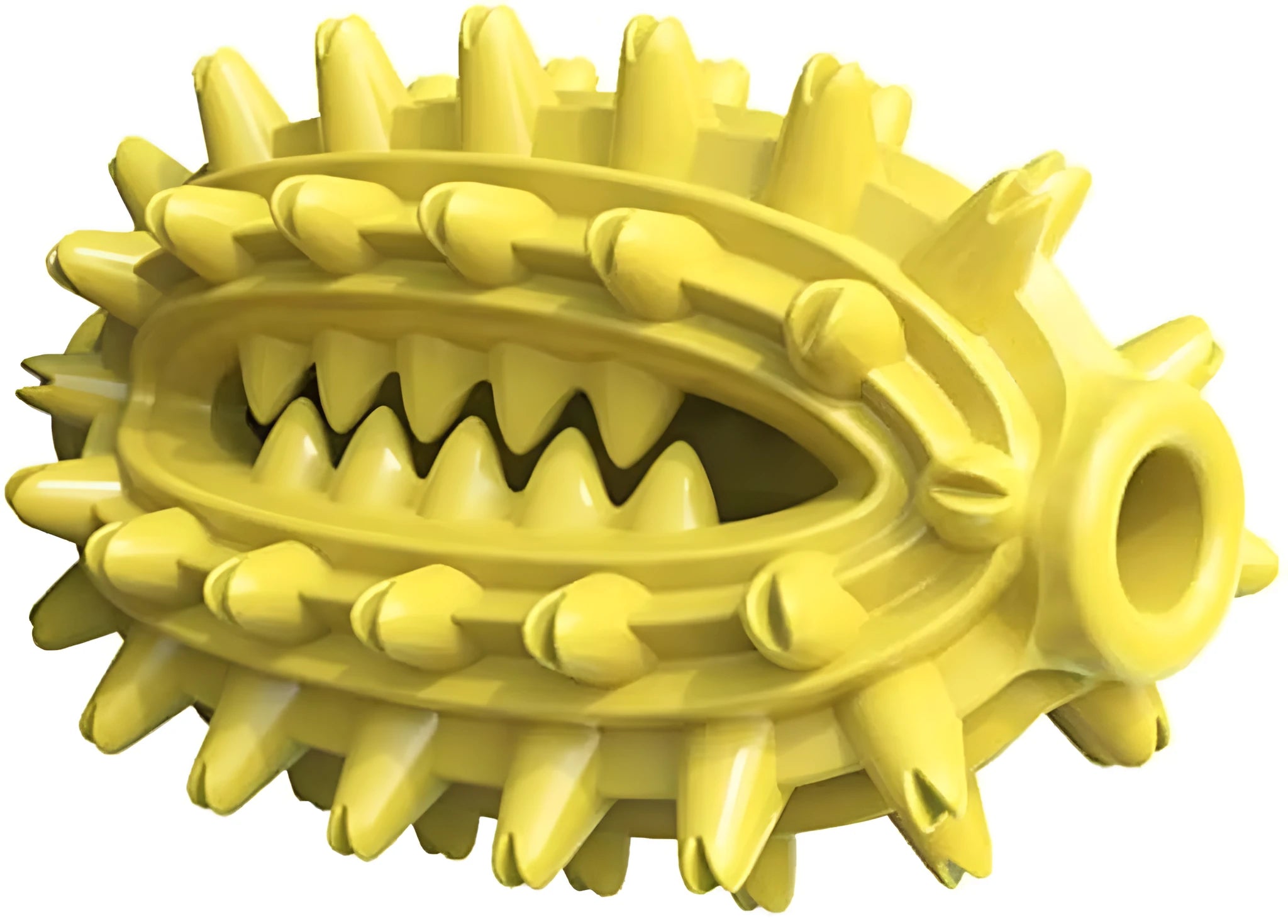 Green cactus-shaped dog chew toy with textured bumps and a central treat channel