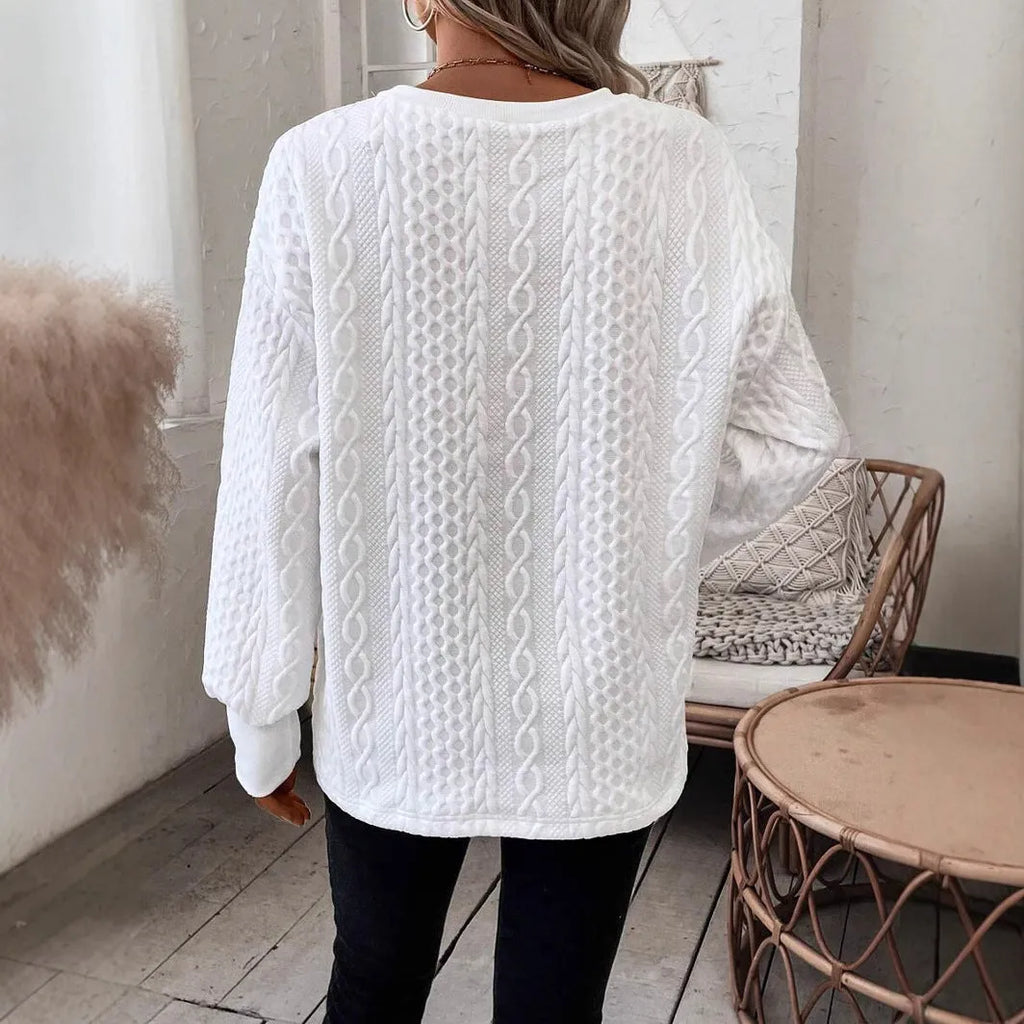 Milky white loose fit long sleeve T-shirt with 3D pattern design in Japanese Korean casual style