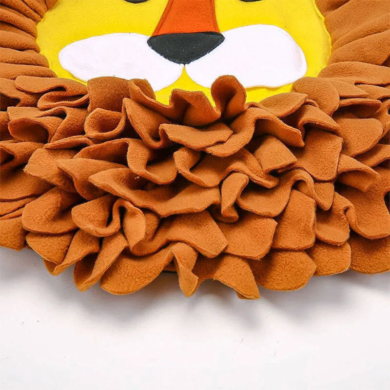 Brown lion-shaped pet sniffing pad with textured surface for hiding treats