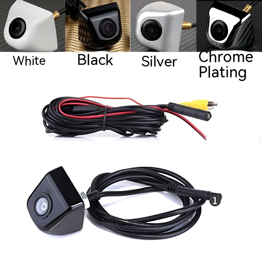 HD metal car reversing camera with screw plug-in connector in black, shown with cable and mounting screws.