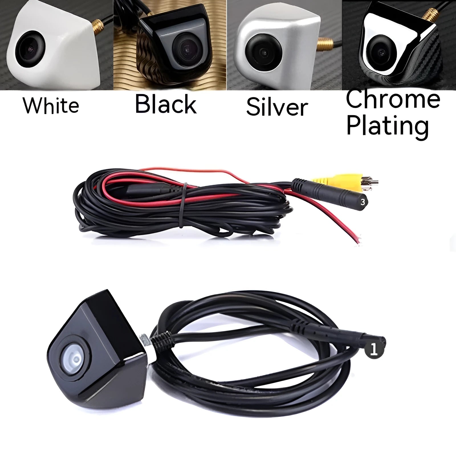 HD metal car reversing camera with screw plug-in connector in black, shown with cable and mounting screws.