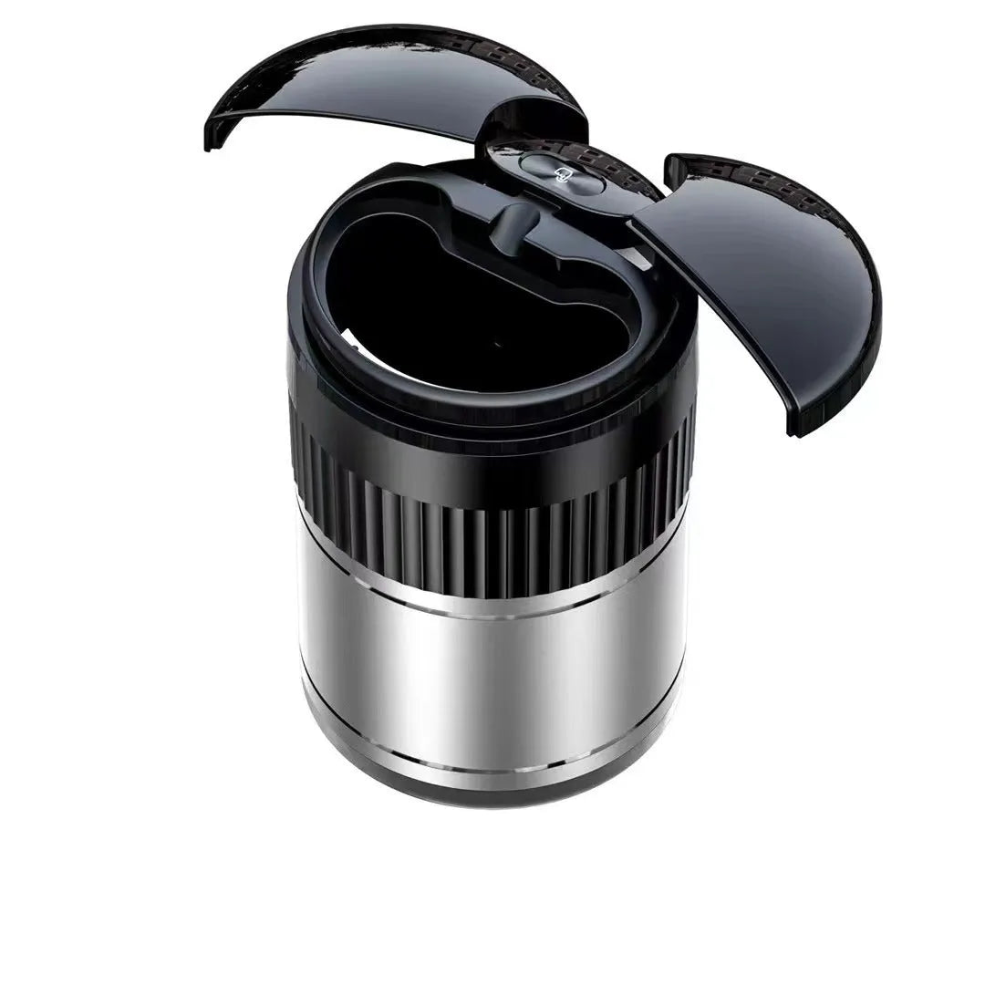 Smart infrared and touch control metal car ashtray in black, 113mm by 72mm, with lid closed