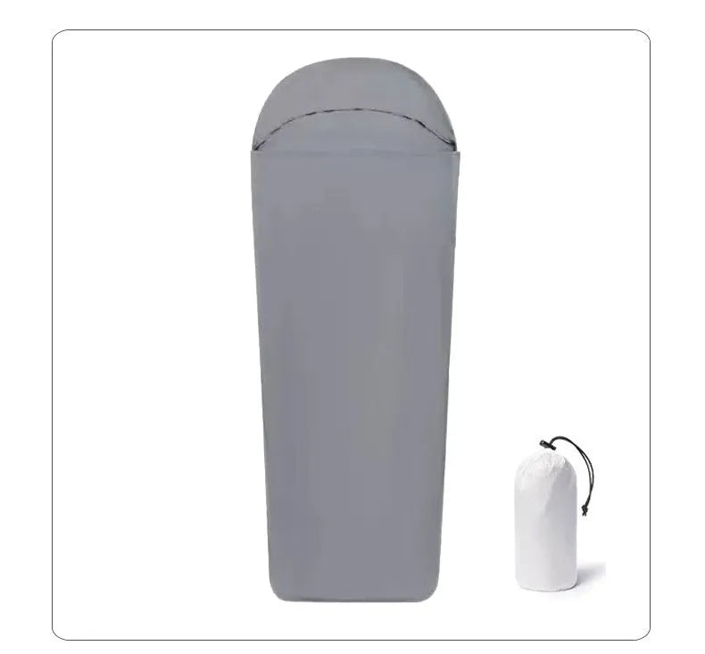 Blue and green adult mummy type nylon camping sleeping bag laid flat, showing dimensions.