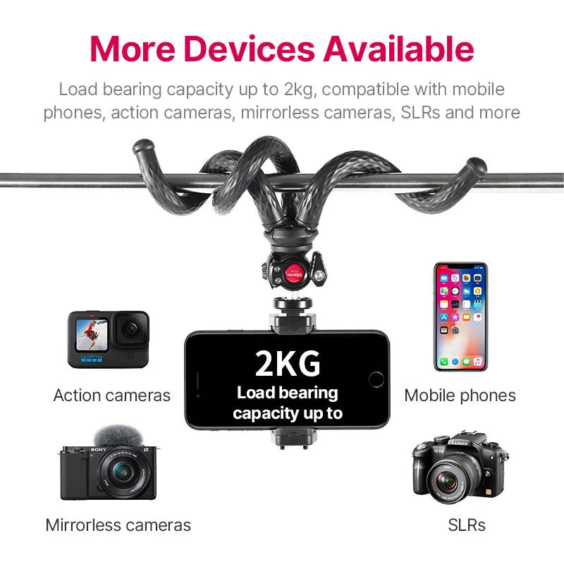 Black octopus mobile phone tripod set with aluminum alloy legs and phone clip, 360mm length