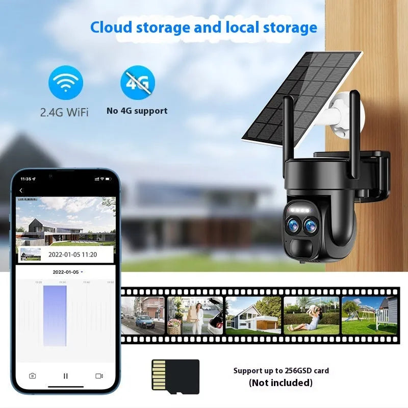 Solar-powered security camera with 8x zoom lens and dual 4G/WiFi connectivity for home surveillance