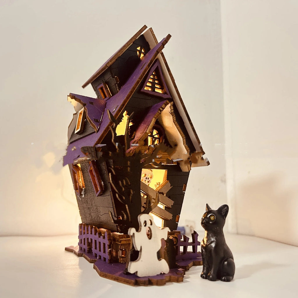 Halloween DIY wooden glowing haunted house table decoration measuring 14x10.5x19cm