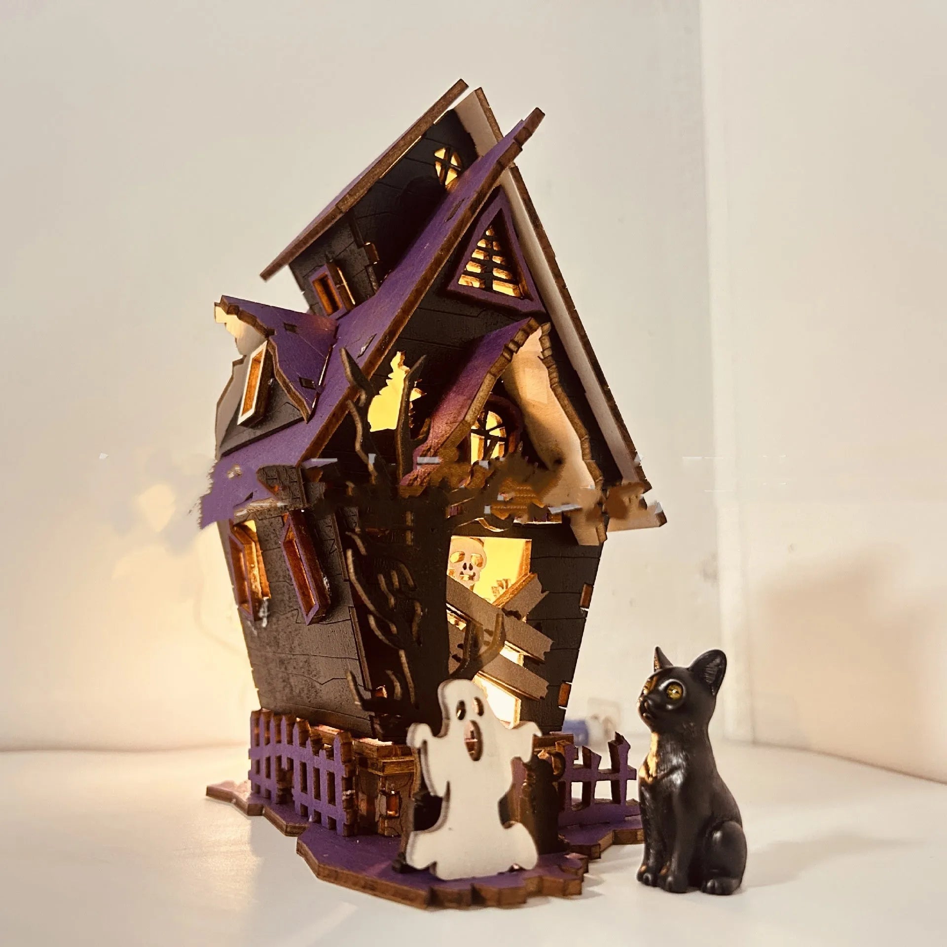 Halloween DIY wooden glowing haunted house table decoration measuring 14x10.5x19cm
